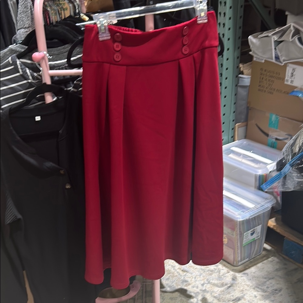 Red Pleated A-Line Midi Skirt for Cocktail